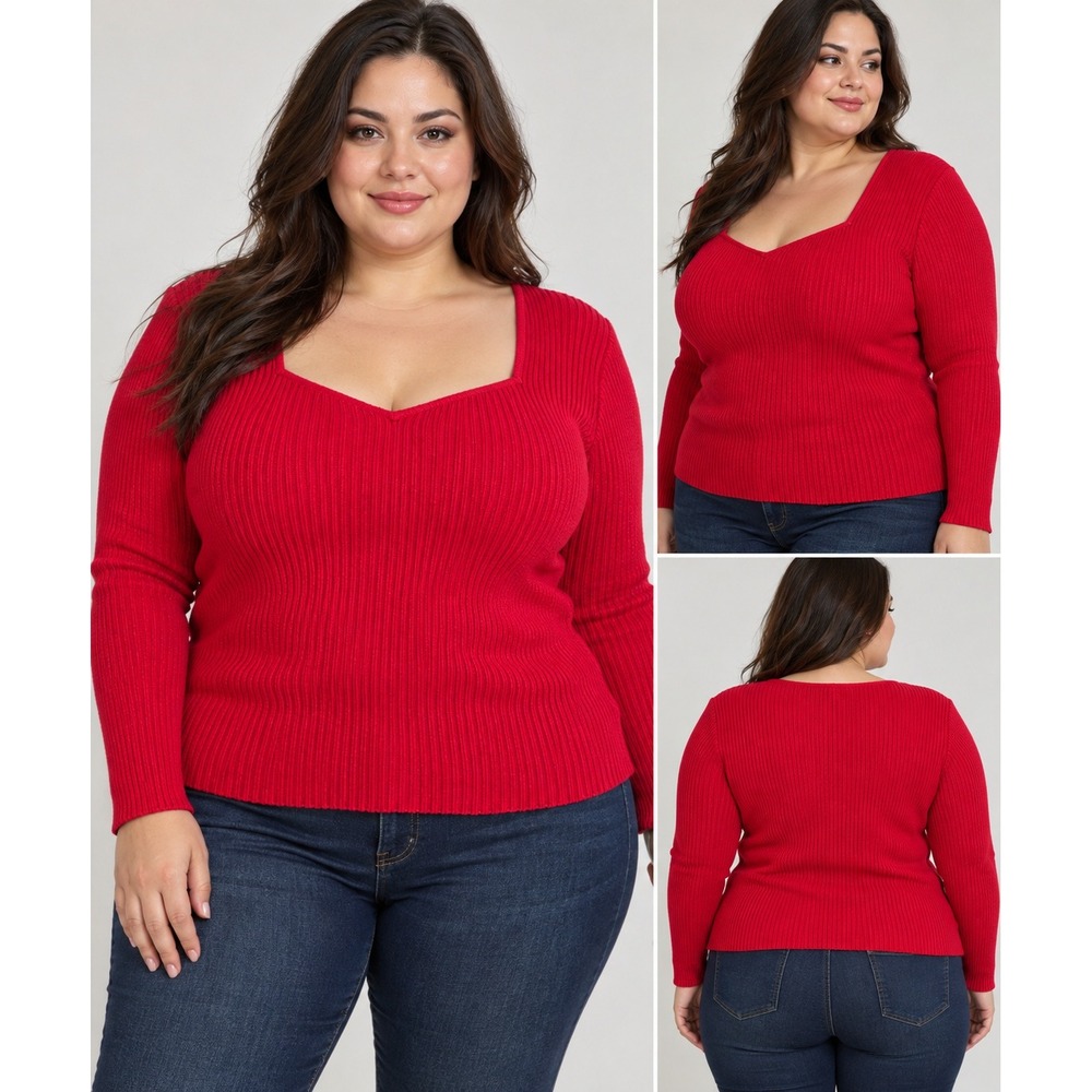 Celebrity Pink Red Ribbed Sweetheart Neckline Long Sleeve Top Size XXXL
C9-0452